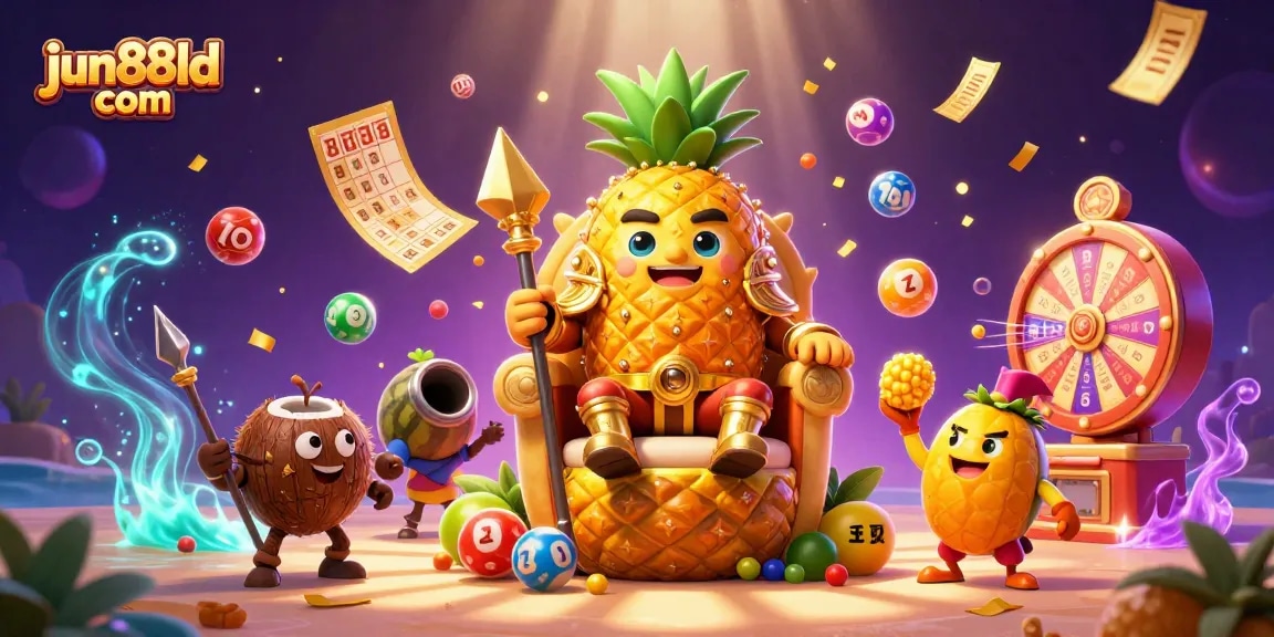 Engage in exciting gaming at jun88ld com with dynamic beach casino illustration of a golden pineapple king and vibrant game elements.