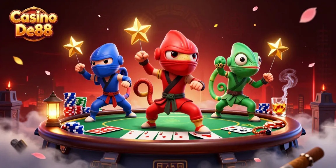 Casino De88 poker action: Ninja chameleons synchronized in martial arts, vibrant elements abound.
