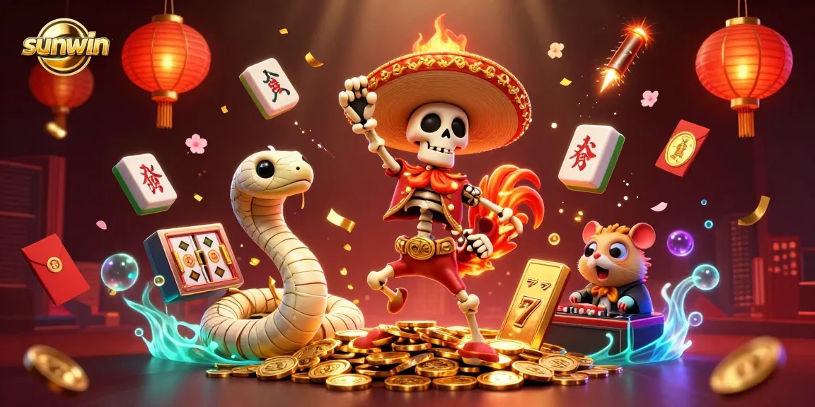sunwin features a lively 3D illustration showing characters dancing and winning amidst gambling excitement.