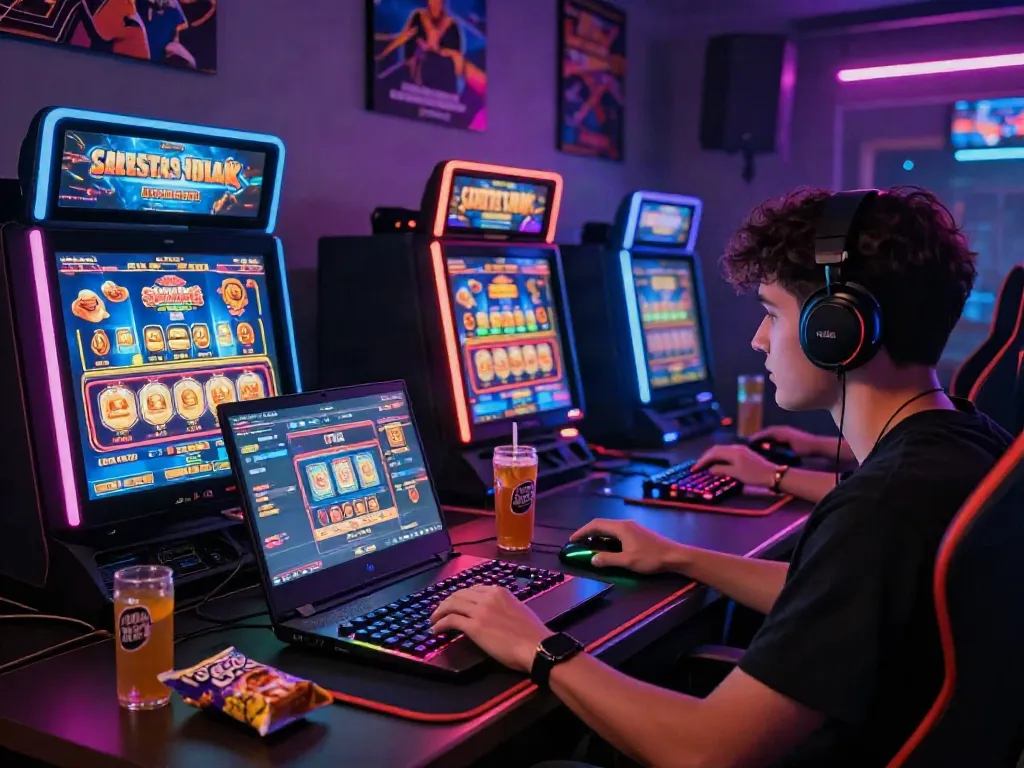 User engaged in an exciting slot88 gaming session with colorful LED lights and digital slot machines.