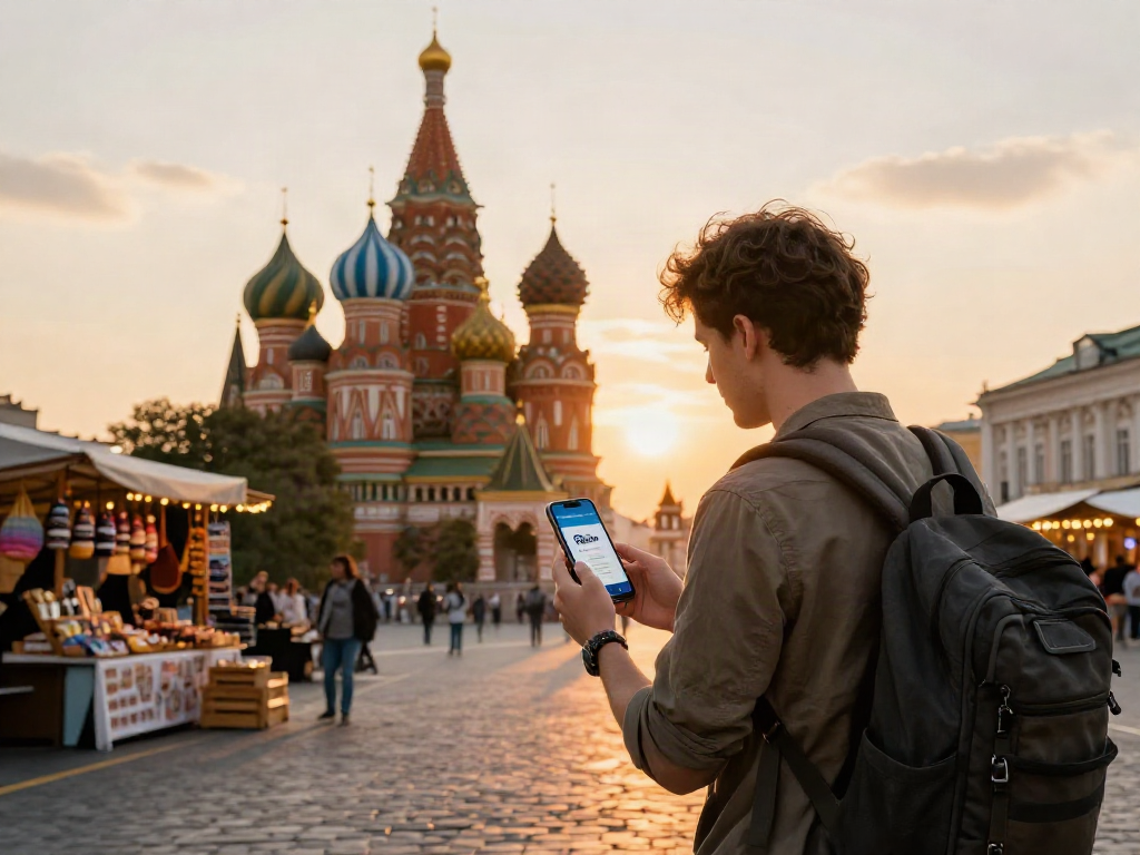 Pago en Rusia con la app en una escena de viaje, destacando la experiencia turística.