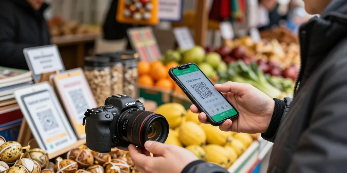 Un turista usando https://payinrussia.com/ para pagar en un mercado local en Rusia.