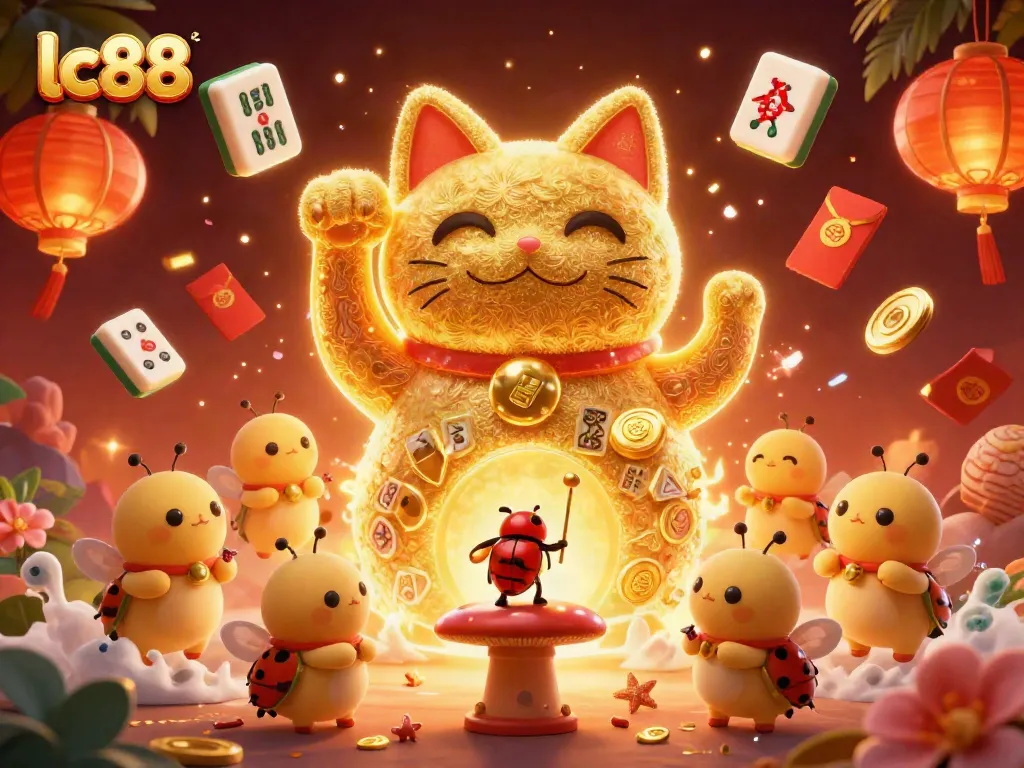 Experience the excitement of lc88 with a vibrant scene featuring a lucky cat and casino symbols.