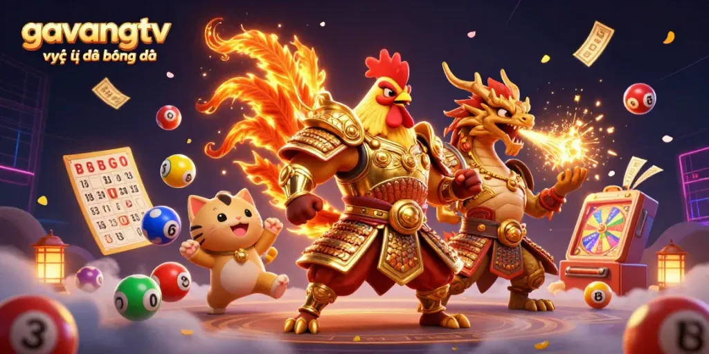 Engage in exciting gameplay with gavangtv trực tiếp bóng đá, featuring a colorful dynamic scene with a rooster warrior and dragon hatchling.
