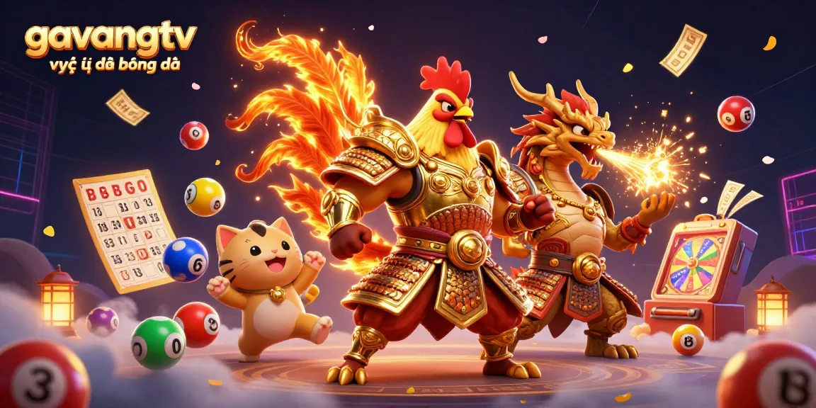 Engage in exciting gameplay with gavangtv trực tiếp bóng đá, featuring a colorful dynamic scene with a rooster warrior and dragon hatchling.
