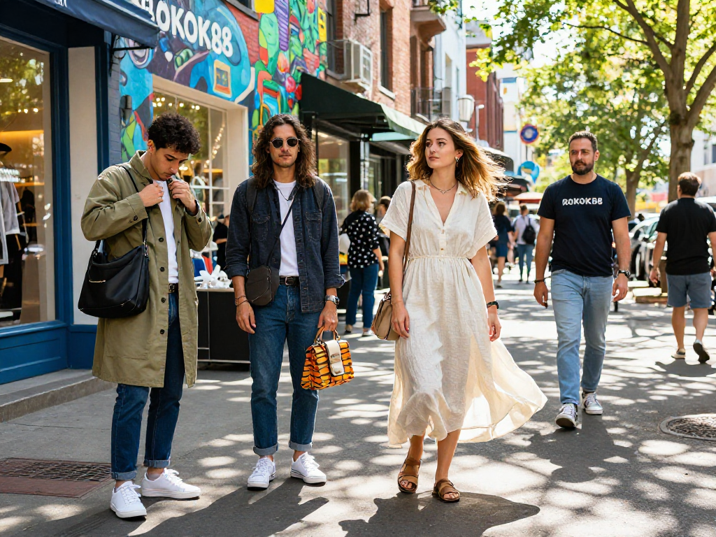 Stylish urban fashion featuring garments by ROKOK88 crafted from quality materials on vibrant city street.