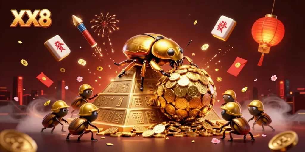 Experience the excitement of XX8 with golden coins and a festive casino scene.