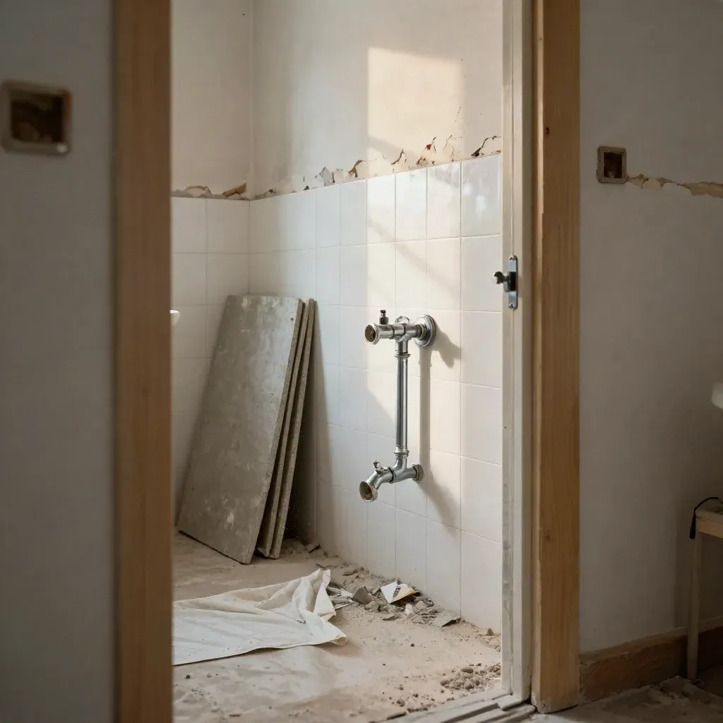 Badrum under renovering med rivna kakelväggar, rör och byggdamm.