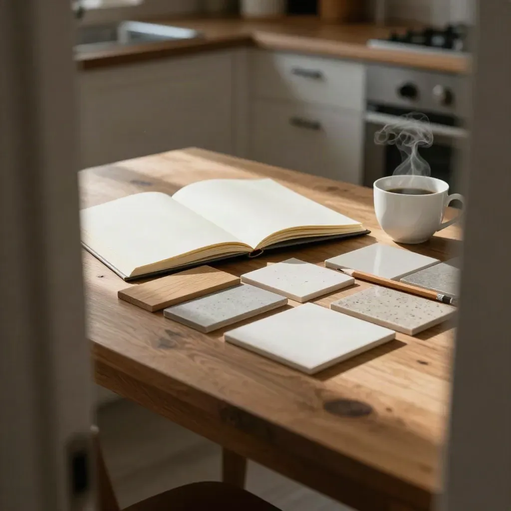 Planeringsbord i kök med anteckningsbok, kakelprov, penna och kaffekopp i morgonljus.