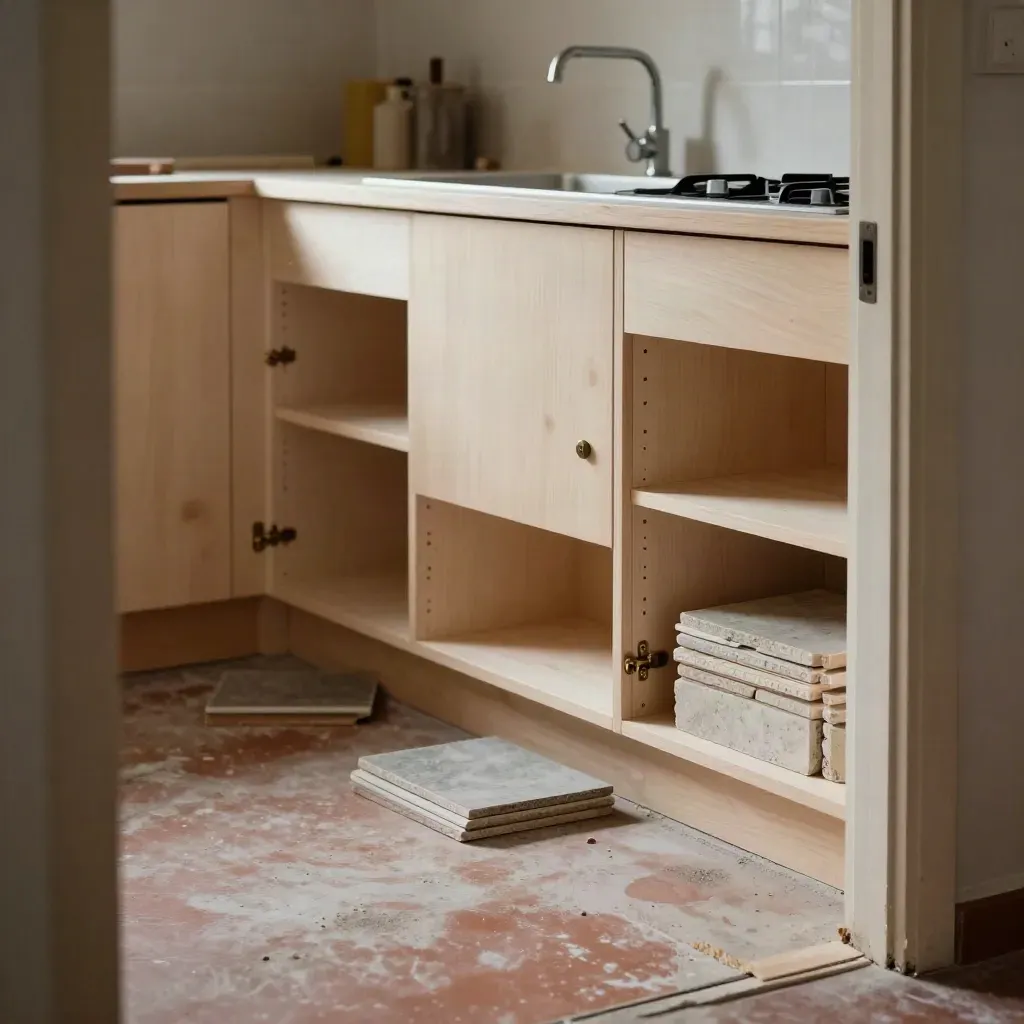 Ofärdigt kök med stommar, urtag för diskho och stenprover i mjukt eftermiddagsljus.