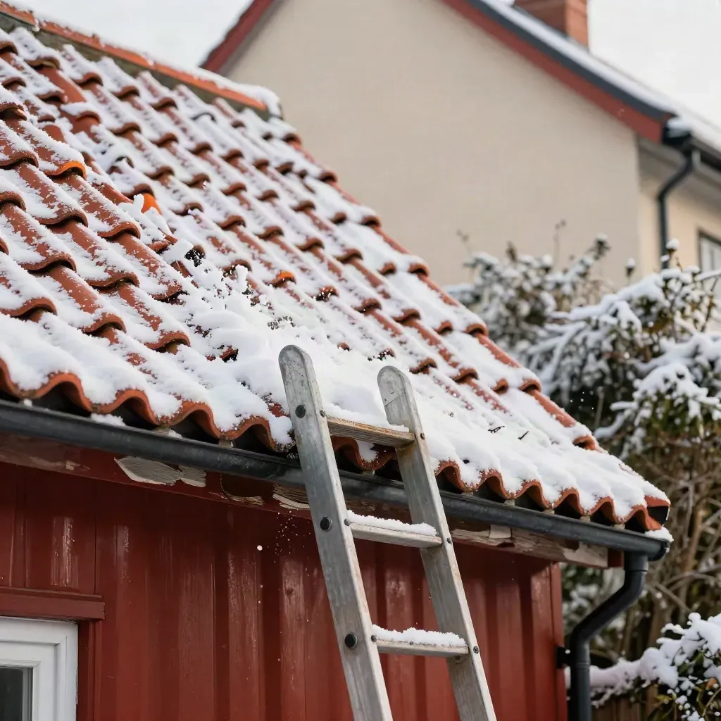 Snötäckt taknock på rött cottagehus med stege och lagad takfot i fallande snö