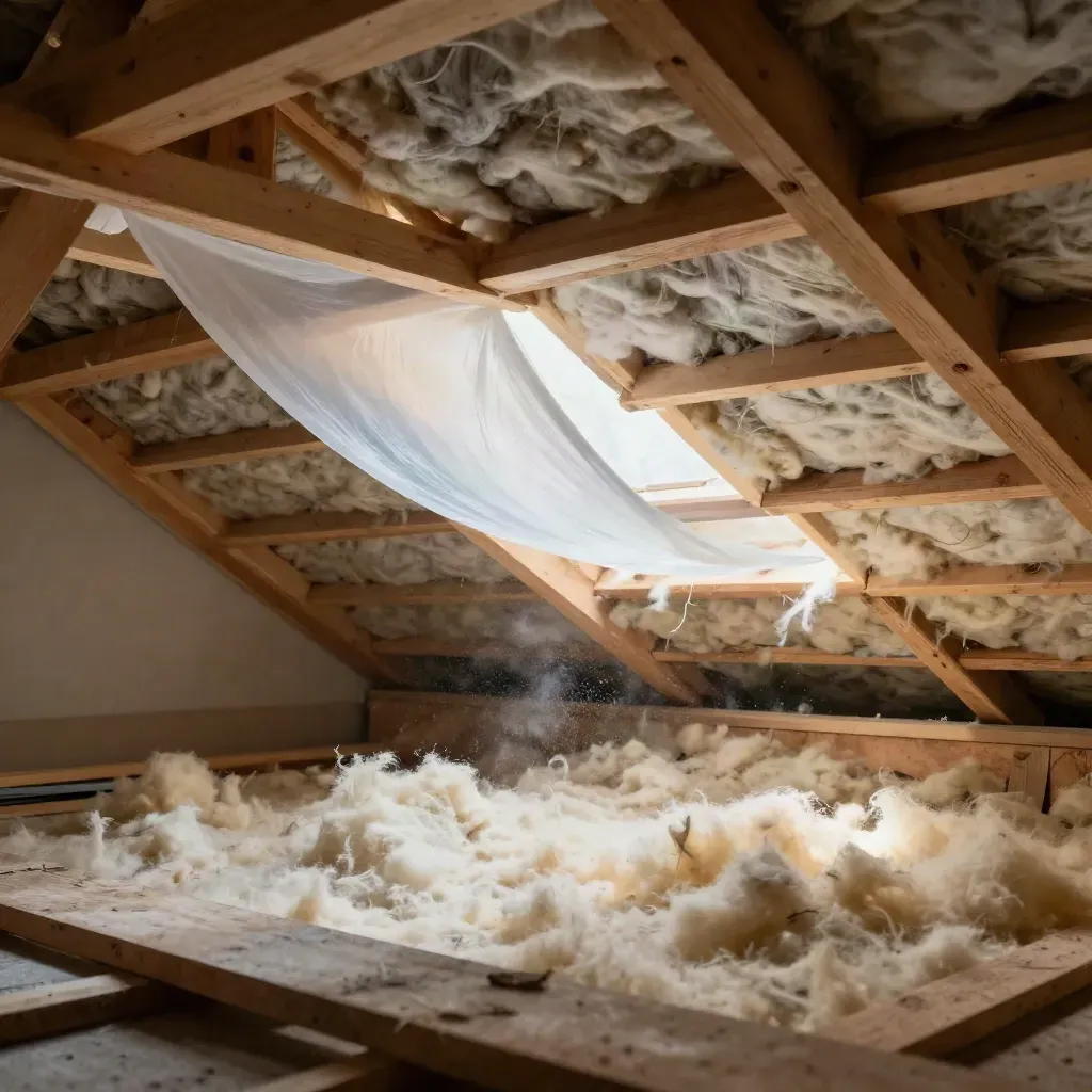 Vindsutrymme med mineralull mellan bjälkar och delvis uppspänd ångspärr i kallt dagsljus.