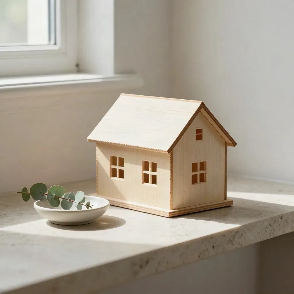 Liten rå trämodell av ett hus, keramisk skål och eukalyptus på ljus stenhyllyta.