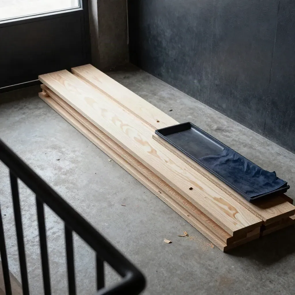 Plywoodbitar och timmer på verkstadsgolv, sedda snett ovanifrån med damm i luften.