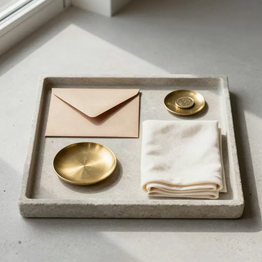 Budgetmotiv med materialprover, kuvert, mässingsskål och vikt linne på stenbricka.