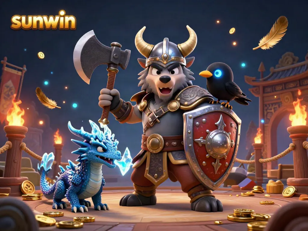 Experience thrilling adventures at sunwin with a 3D Viking wolf warrior and dragon amidst dynamic casino elements.