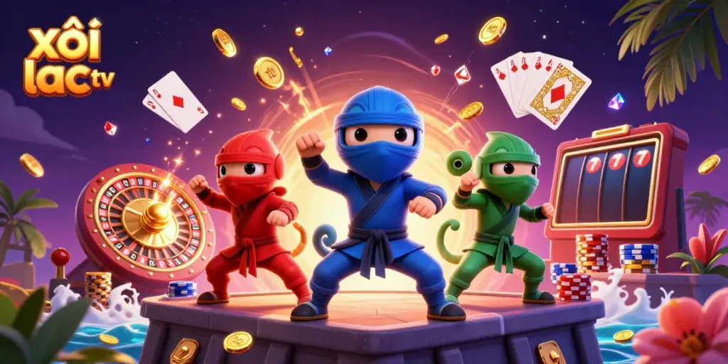 Experience the excitement of xôi lạc tv with cartoon ninja chameleons and vibrant casino elements.