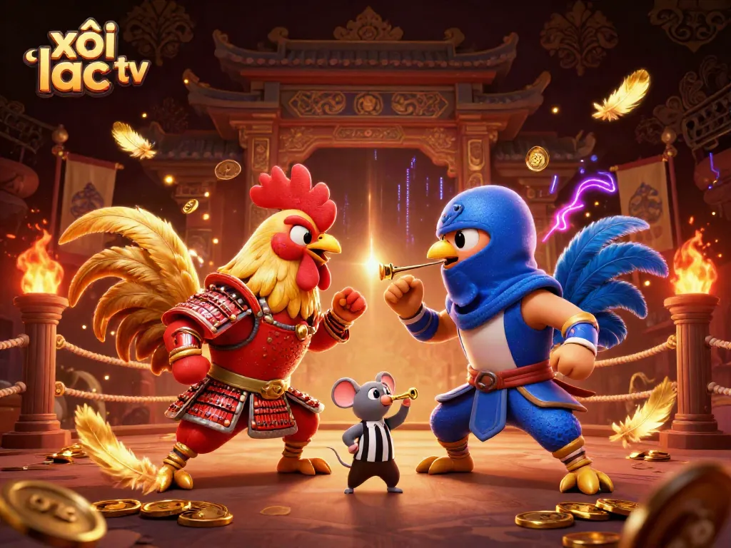 Experience xôi lạc tv in an exciting 3D showdown of fighting roosters in a vibrant, colorful arena.