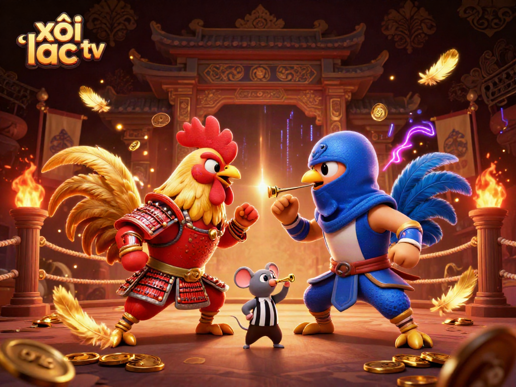 Experience xôi lạc tv in an exciting 3D showdown of fighting roosters in a vibrant, colorful arena.