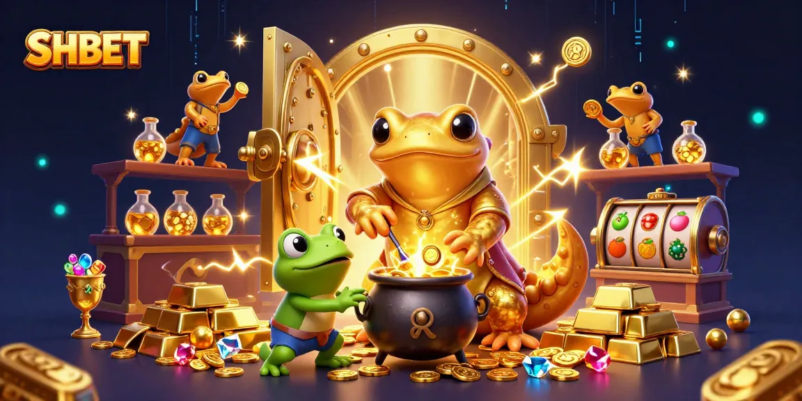 SHBET showcases winning gameplay with a magical scene of gold coins and fun casino elements.