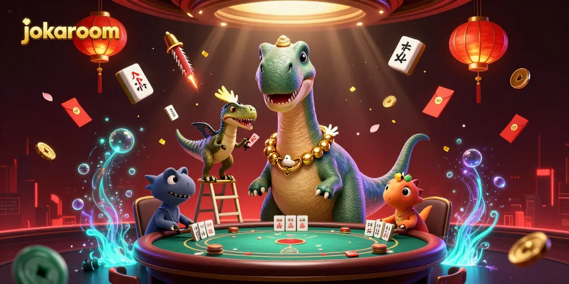 Play fun blackjack at jokaroom with a towering brontosaurus overseeing a vibrant casino scene.