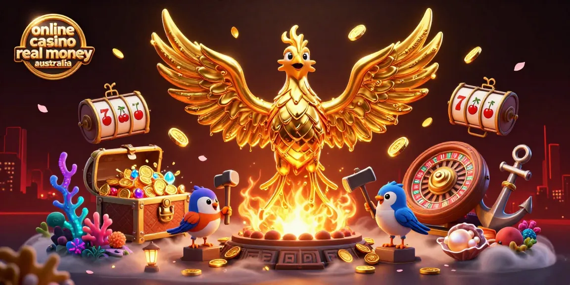 Experience the excitement of online casino real money Australia with a molten golden phoenix soaring amidst dynamic gambling elements.
