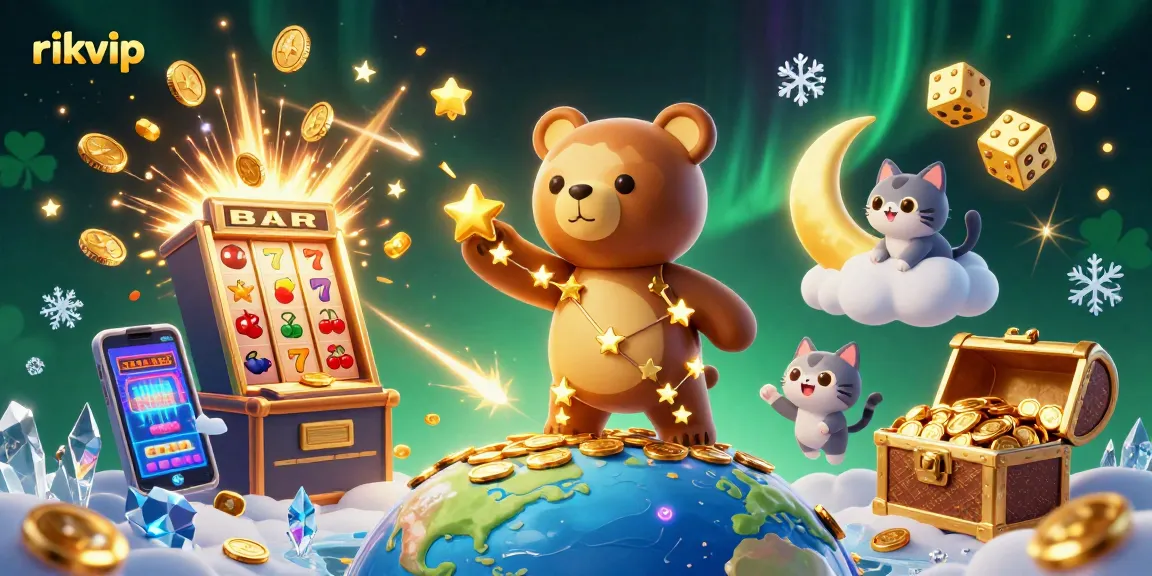 Experience the excitement of rikvip with a gold coin jackpot surrounded by whimsical characters and casino elements.
