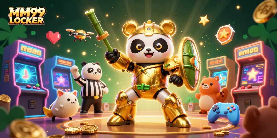 Engage with MM99 LOCKER in a vibrant 3D casino battle scene featuring a mech-suit panda and arcade games.