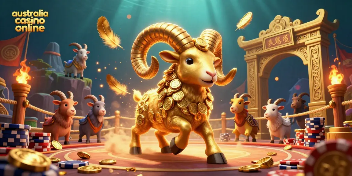 Engage with vibrant Australia casino online gaming action, featuring a golden ram charging amidst a rich casino atmosphere.